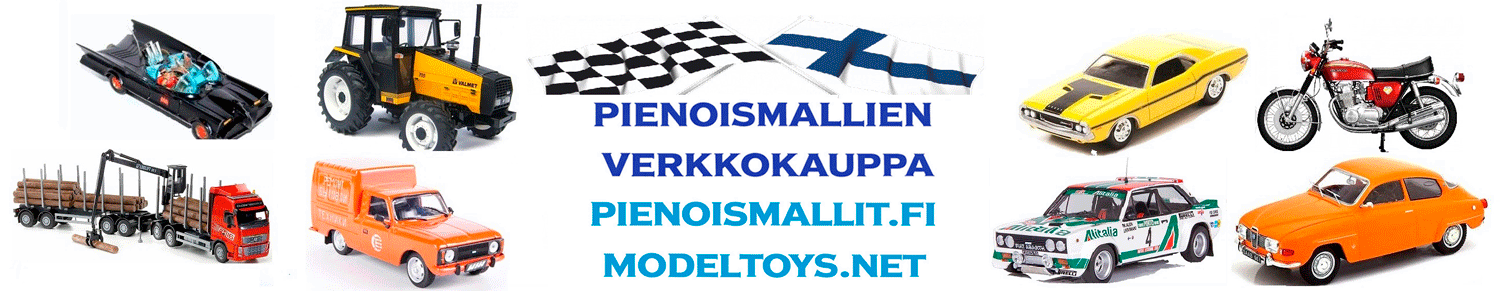 Pienoismallit.fin ja Modeltoys.netin logo, jossa ruutulippu, Suomen lippu ja erilaisia koneita